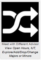 Buff Portal Advising Tile image with moving arrows icon "Meet with Different Advisor View Open Hours, IUT, Explore/Add/Drop/Change Majors or Minors"