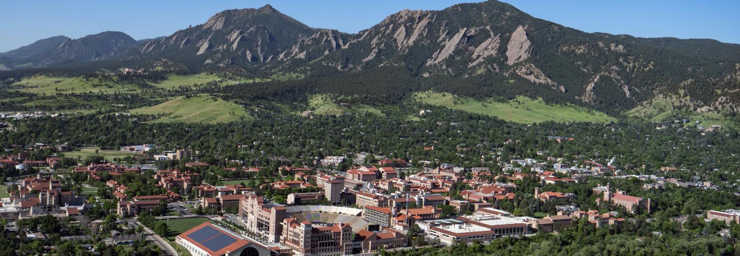 Aerial shot of campus and the flatirons