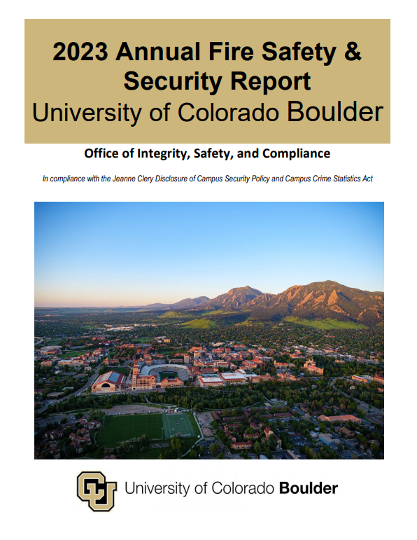 Cover Page of Annual Security & Fire Safety Report, including an aerial picture of CU Boulder Campus