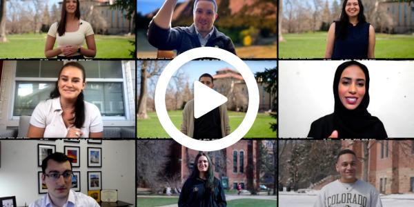 Grid highlighting alumni speaking during commencement 2024 with video play button overlay