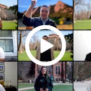 Grid highlighting alumni speaking during commencement 2024 with video play button overlay
