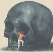 illustration of Sharon DeWitte climbing inside a giant skull