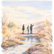 Illustration of people standing near an acequia in southern Colorado