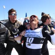 CU ski team members celebrating the win